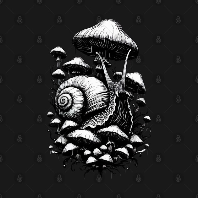 Monochromatic Snail Overgrown Mushrooms Garden by TomFrontierArt