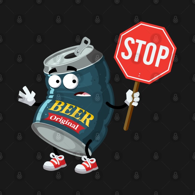 cartoon beer in an aluminum can mascot with tablet stop in hand by VizRad