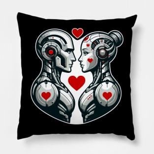 Robot Couple Love T-Shirt, Cute Cyber Romance Graphic Tee, Unisex Adult Sci-Fi Shirt, Valentine's Day Gift Idea Pillow