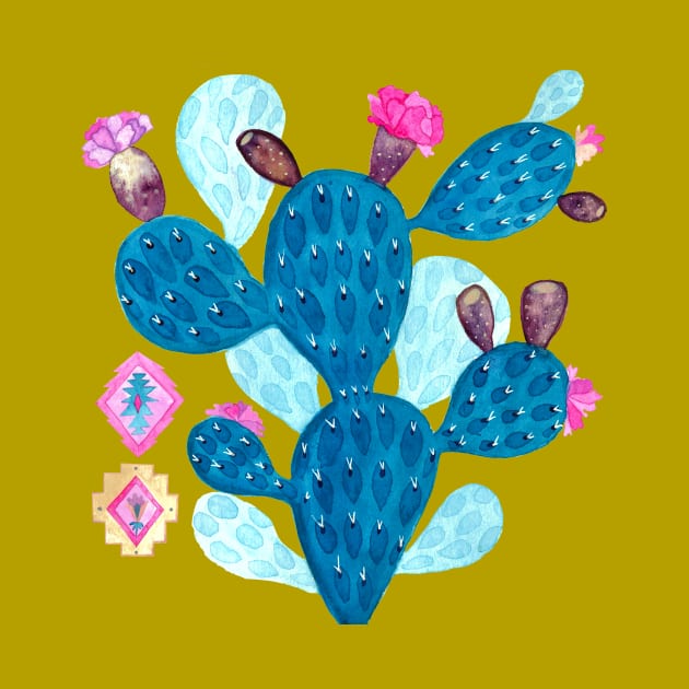 Watercolor Mexican cactus with folk flowers Aztec tiles by Cris Banana