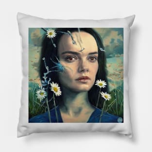 Portrait of pretty young  face with  daisy flowers Pillow