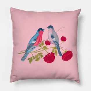 Two Bullfinch Birds and Red Flowers Wildlife Illustration Pillow