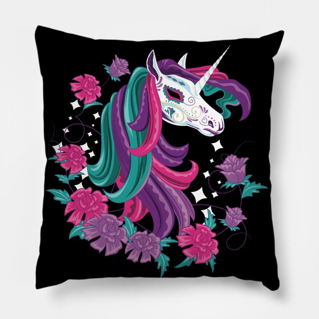 Day Of The Dead Carnival Unicorn Pillow by LittleBunnySunshine