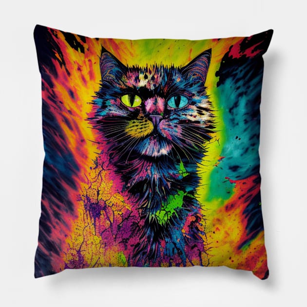 Psychedelic Multicolored Cat Pillow by Trip Tank