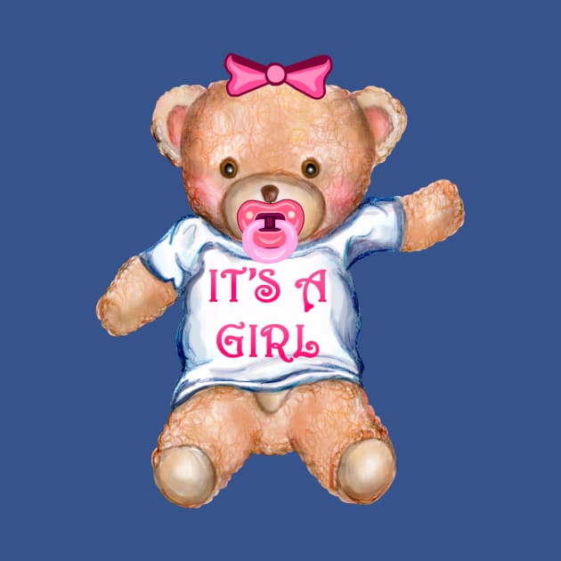 It's A Girl Teddy Bear with Pacifier by Art by Deborah Camp