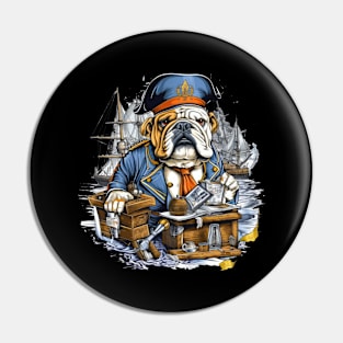 Accountant English Bulldog t-shirt design, a bulldog wearing a captain's hat and holding a telescope Pin