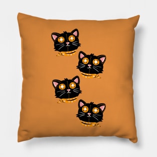 Black cat button eyes with orange scarf, Halloween pattern Pillow