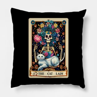 The Cat Lady funny skeleton tarot card Pillow