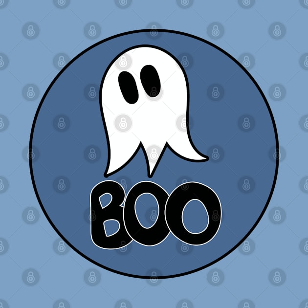 Cute ghost cartoon BOO text in a blue circle frame by Angel Dawn Design