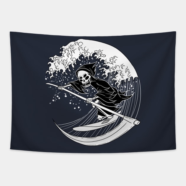 Blackcraft Grim Reaper Surfing Great Wave Tapestry by Juandamurai