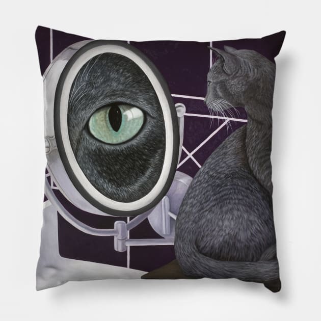 Russian Blue Cat and Magnifying Mirror Pillow by KarenZukArt