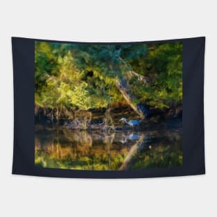 great blue heron walking along a dark pool Tapestry