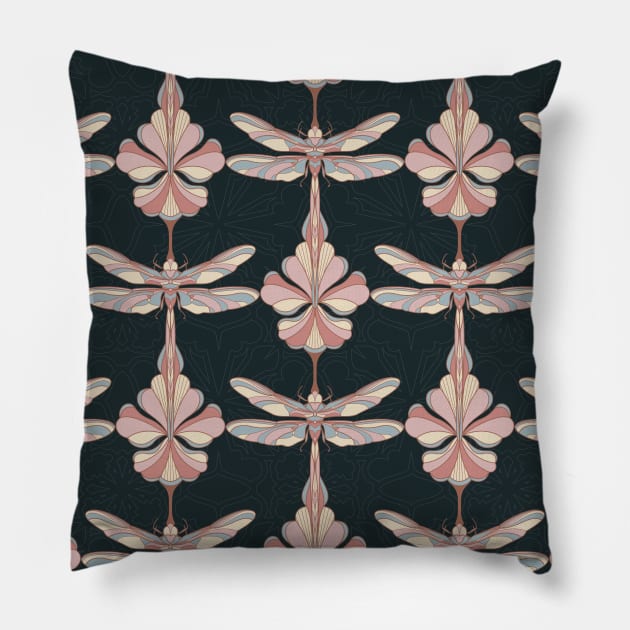 Navy Dragonflies and Flowers Pillow by Carolina Díaz