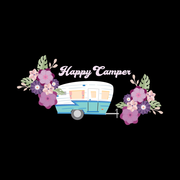 Happy Camper - Retro Trailer with Flowers by RVToolbox