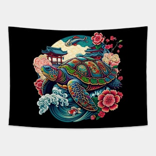 Flower Waves Floral Art Traditional Japanese Turtle Tapestry