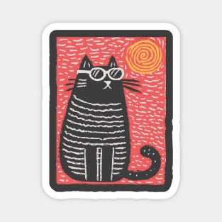 Cute Cat Watching the Sun | Boho Linocut Magnet