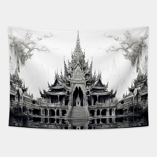 Thailand: Sanctuary of Truth, Pattaya, Thailand on a Dark Background Tapestry by Puff Sumo