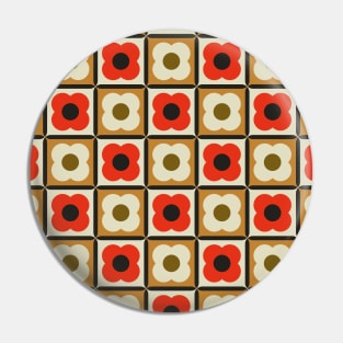 Retro Floral Checker Pattern Red, Burnt Orange, Cream Pin