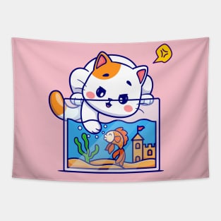 Cute Cat Playing With Fish In Aquarium Cartoon Tapestry