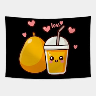 Cute Mango Drink and Mango in Love | Kawaii Style Couple Food Art Tapestry