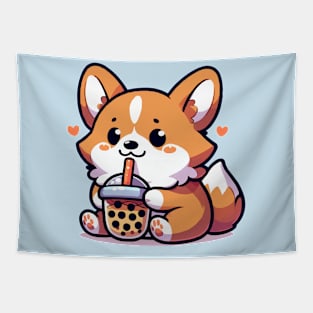 cute corgi with a big fan of boba Tapestry