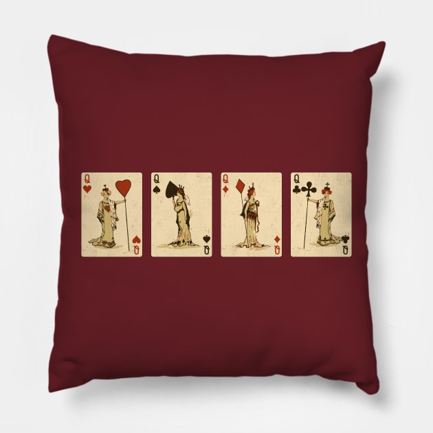 Four Queens of Vintage Playing Cards: Spades, Hearts, Diamonds, and Clubs Pillow by TwistedCharm