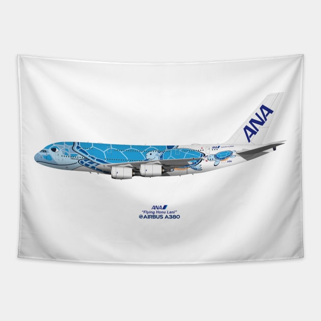Illustration of ANA Airbus A380 - Flying Honu Lani Tapestry by SteveHClark