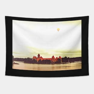 Yellow air balloon over red Castle Tapestry