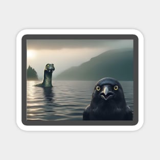 Crow Selfie with Loch Ness Monster Nessie funny photo Magnet