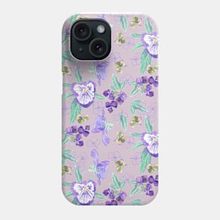 Watercolor pansies and hydrangeas on lilac Phone Case