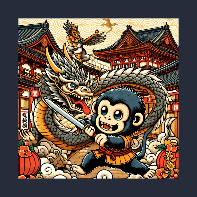 Cute Kawaii Monkey and Dragon Friendship during Edo Pagoda Classic Japanese by Pokoyo.mans@gmail.com