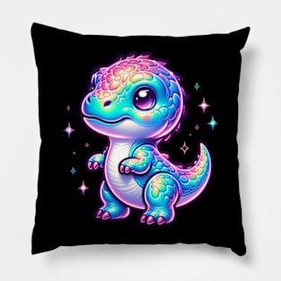 Chibi Baby Dino Neon Holographic Colorful Kawaii Pillow