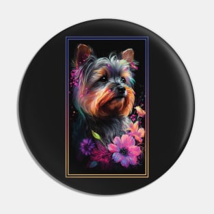 Yorkshire Terrier Dog Vibrant Tropical Flower Tall Digital Oil Painting Portrait Pin