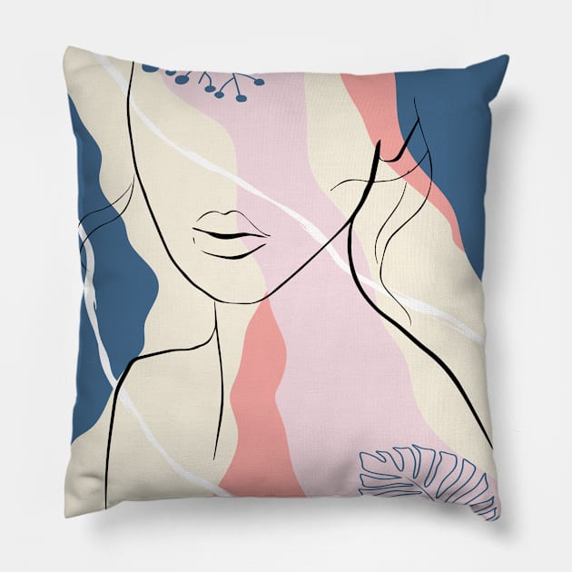 Abstract female face simple fashion female art minimal art beauty art woman floral abstract shapes woman portrait fashion print woman and plants in a modern trendy style Pillow by Modern Art