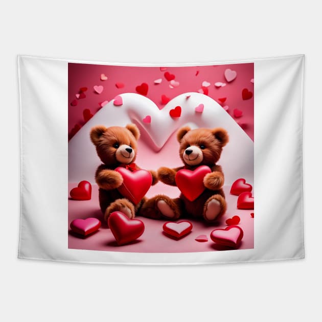 Teddy celebrating Valentines day, randome floating love hearts Tapestry by Colin-Bentham