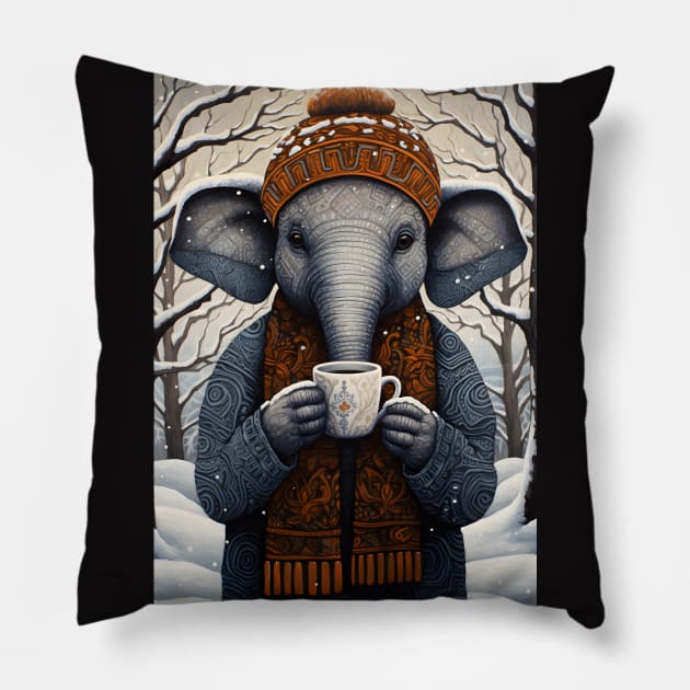 Elephant in Hat Funny Christmas Coffee Lover Gift Pillow by Ai Wanderer