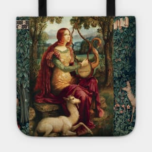 UNICORN AND LADY PLAYING LYRA ,FOREST ANIMALS, FOX ,DOES IN GREEN FLORAL Tote