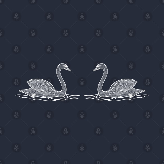 Beautiful Swan Birds in Love - water bird drawing - on dark blue by Green Paladin