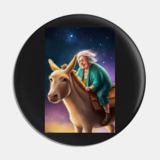 Old Woman Riding a Donkey Under Stary Skies Greeting Card Pin