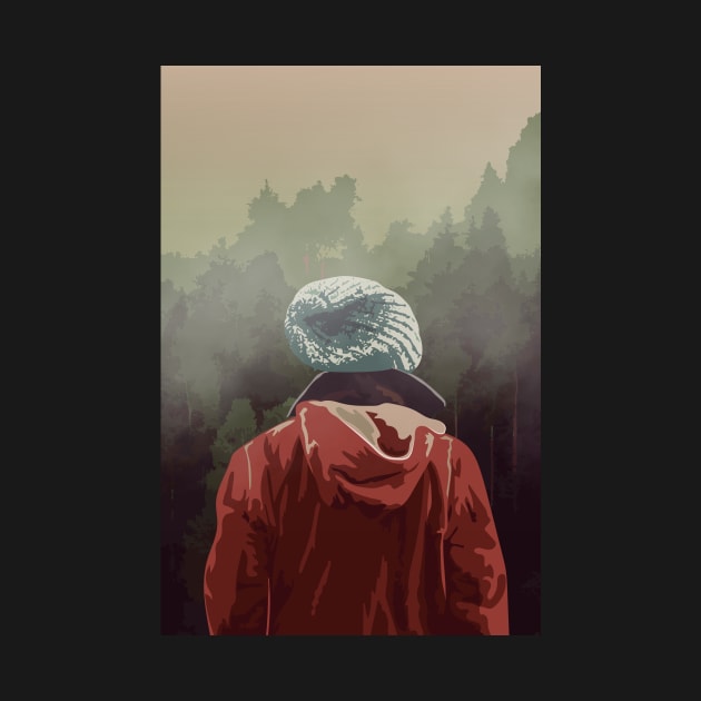 Adventure Hiker in Mountain Landscape with Fog by Spindriftdesigns