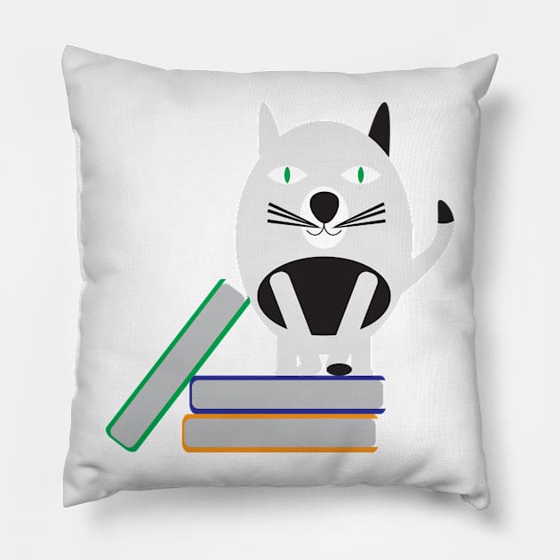 Black White Cat Standing on Books Pillow by sigdesign