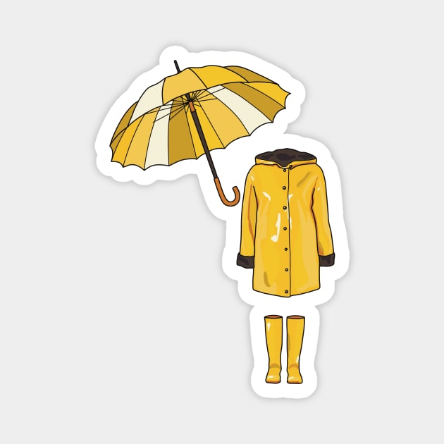 Yellow raincoat with yellow wellington boots and yellow multi toned umbrella. Cute fashion statement ready for the rain. Magnet by Fruit Tee