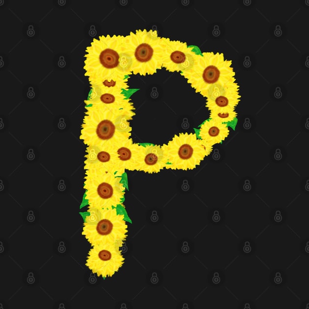 Sunflowers Initial Letter P (Black Background) by Art By LM Designs 