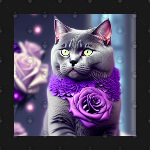 British Shorthair Enjoys Purple Roses by Enchanted Reverie