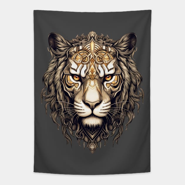 Golden tribal tiger face Tapestry by Mojitojoe