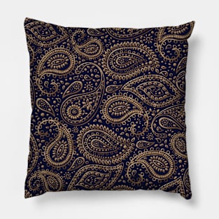 Pretty Gold Bohemian Art Paisley Floral Pattern Gradient Beige and Brown on Navy Blue Pillow