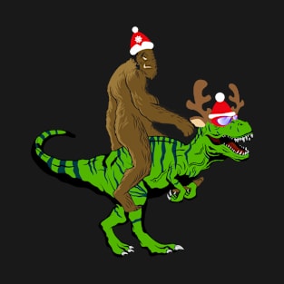 Bigfoot Riding a T Rex Going for Christmas Party T-Shirt