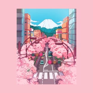The Japanese Mount Fuji view and the pink spring in the city T-Shirt