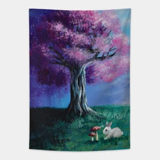 Scenery Painting Fairytale Bunny  Pink Cherry Blossom Tree Tapestry