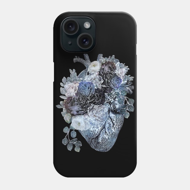 Human heart with blue and white roses, blue navy color Phone Case by Collagedream